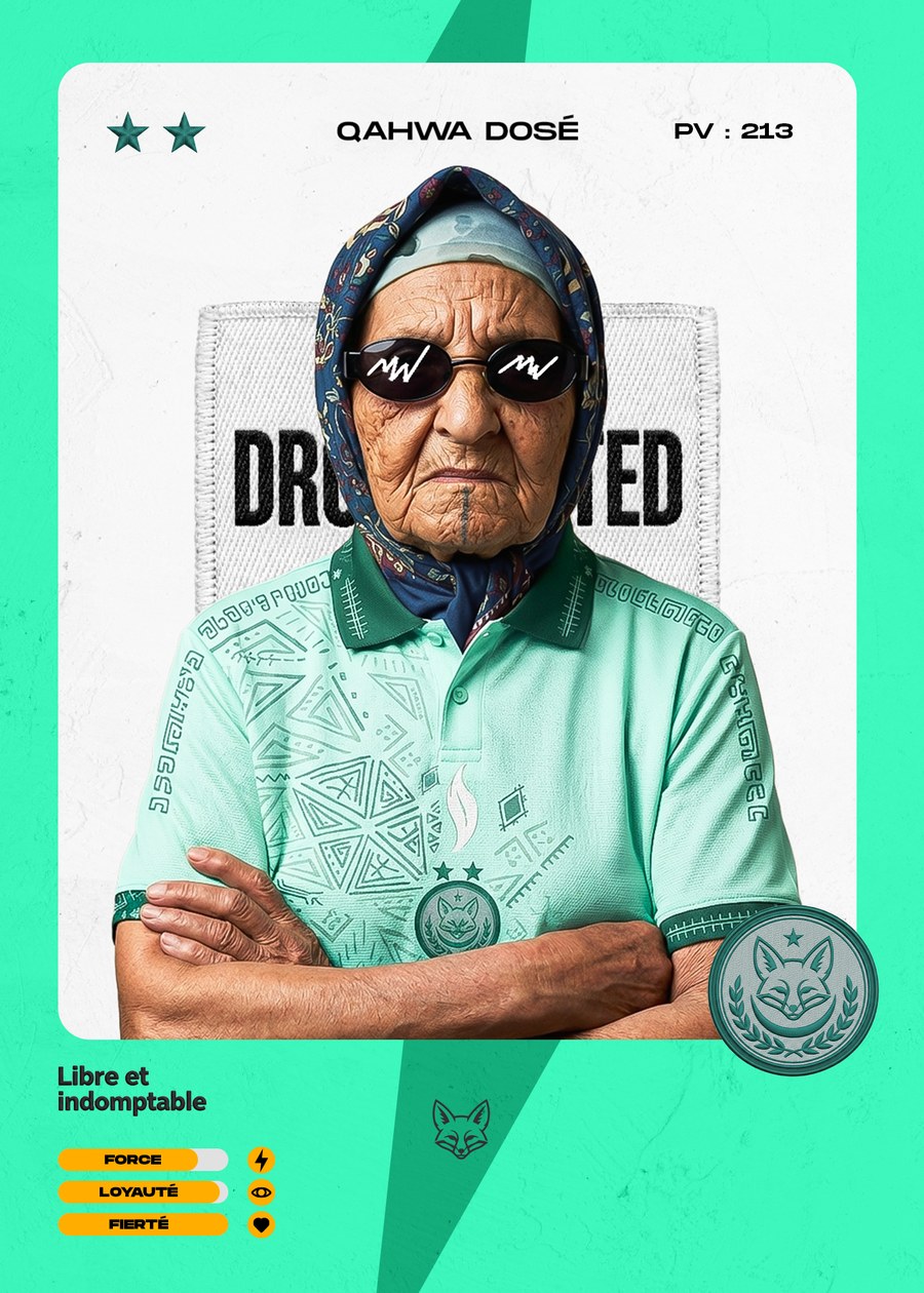 Carte collector Qahwa Dosé portant le maillot menthe