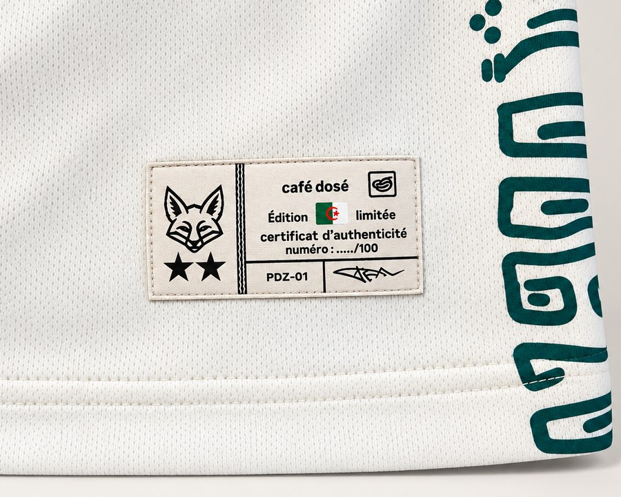 Étiquette d'authenticité café dosé cousue sur le maillot : édition limitée, numéro sur 100, signée