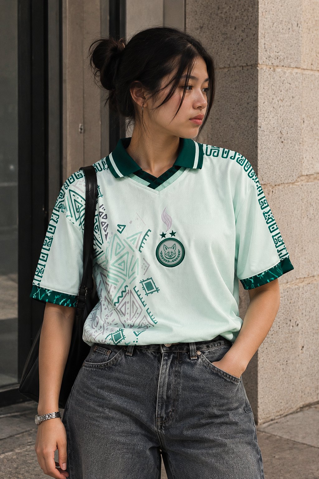 Jeune femme en jean portant le maillot café dosé